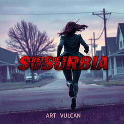 A thrilling scene titled 'Secrets of Suburbia' featuring a female villain in a dynamic pose running away, her back facing the viewer