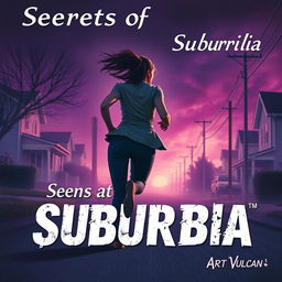 A thrilling scene titled 'Secrets of Suburbia' featuring a female villain in a dynamic pose running away, her back facing the viewer