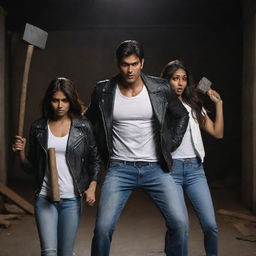 Portray the muscular Indian man in a black leather jacket and white shirt, holding a sledgehammer, and the scared Indian girl in jeans and a t-shirt hiding behind him, with the Indian Pariah dog beside them in a dark setting.