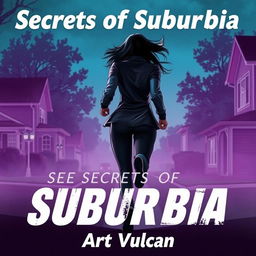 A thrilling scene titled 'Secrets of Suburbia' featuring a female villain in a dynamic pose running away, her back facing the viewer