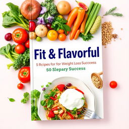 A vibrant and inviting book cover design for 'Fit & Flavorful: 50 Recipes for Weight Loss Success'