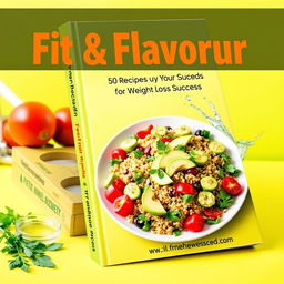 A vibrant book cover design for 'Fit & Flavorful: 50 Recipes for Weight Loss Success', showcasing a beautifully arranged plate of colorful, healthy food such as a quinoa salad with fresh vegetables, avocado slices, and garnishes