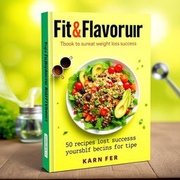 A vibrant book cover design for 'Fit & Flavorful: 50 Recipes for Weight Loss Success', showcasing a beautifully arranged plate of colorful, healthy food such as a quinoa salad with fresh vegetables, avocado slices, and garnishes