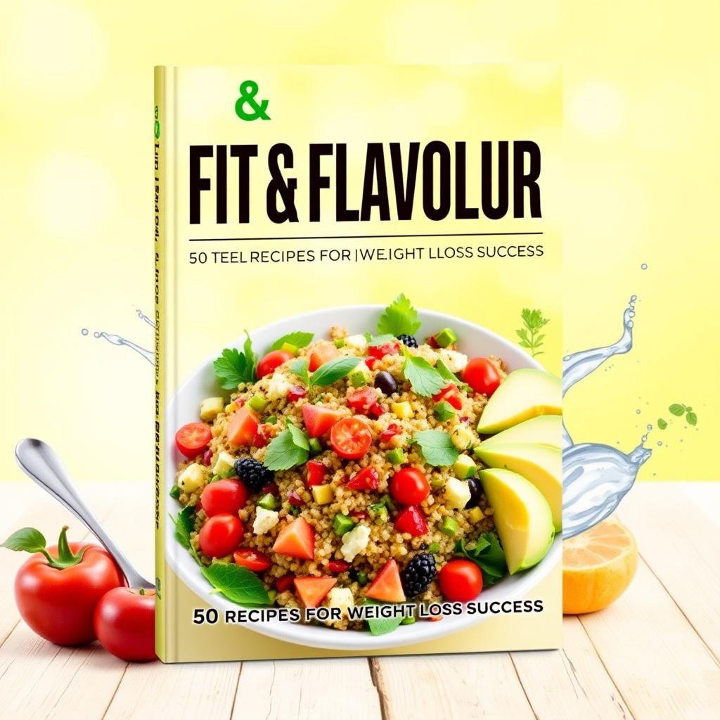 A vibrant book cover design for 'Fit & Flavorful: 50 Recipes for Weight Loss Success', showcasing a beautifully arranged plate of colorful, healthy food such as a quinoa salad with fresh vegetables, avocado slices, and garnishes