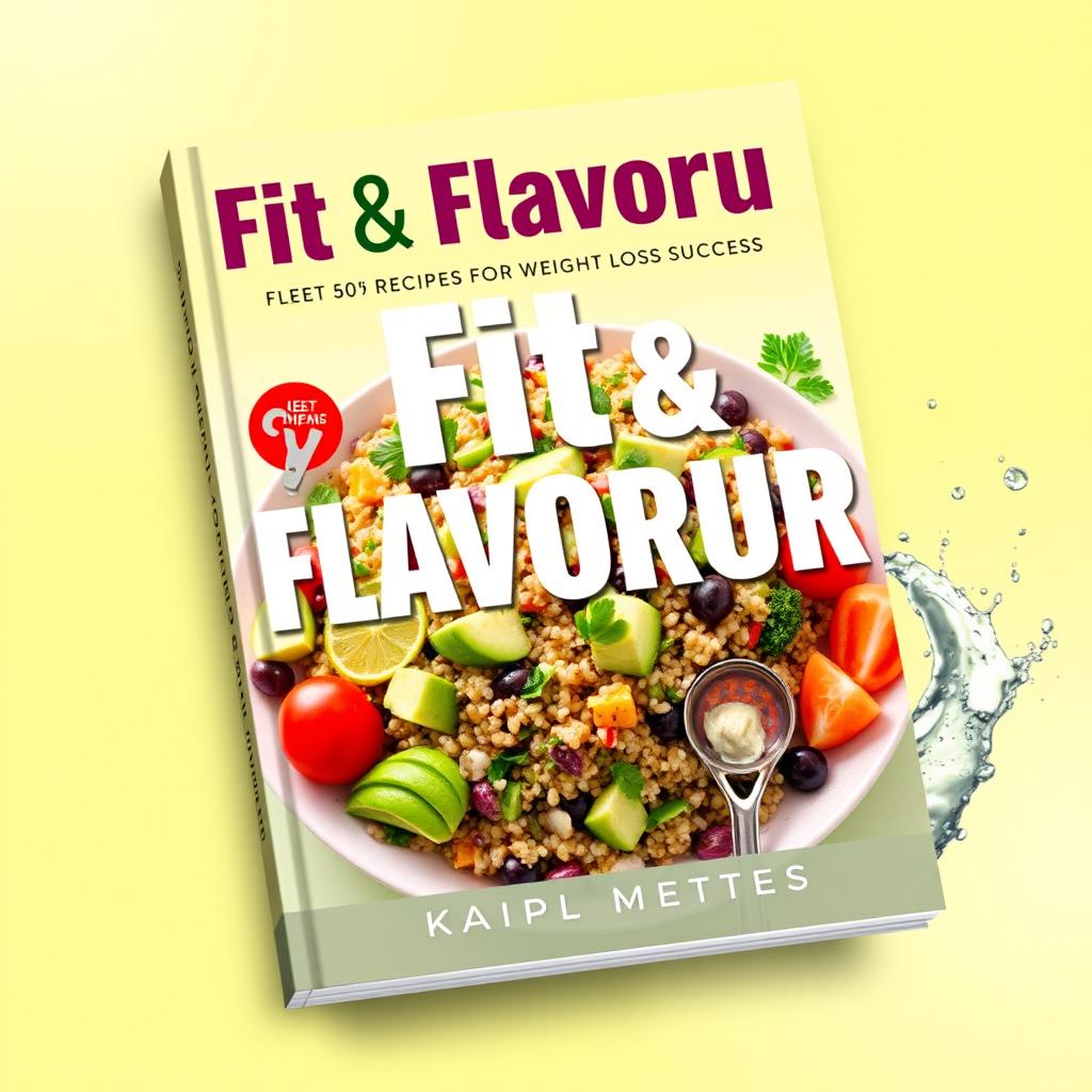 A vibrant book cover design for 'Fit & Flavorful: 50 Recipes for Weight Loss Success', showcasing a beautifully arranged plate of colorful, healthy food such as a quinoa salad with fresh vegetables, avocado slices, and garnishes