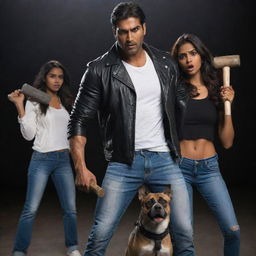 Portray the muscular Indian man in a black leather jacket and white shirt, holding a sledgehammer, and the scared Indian girl in jeans and a t-shirt hiding behind him, with the Indian Pariah dog beside them in a dark setting.