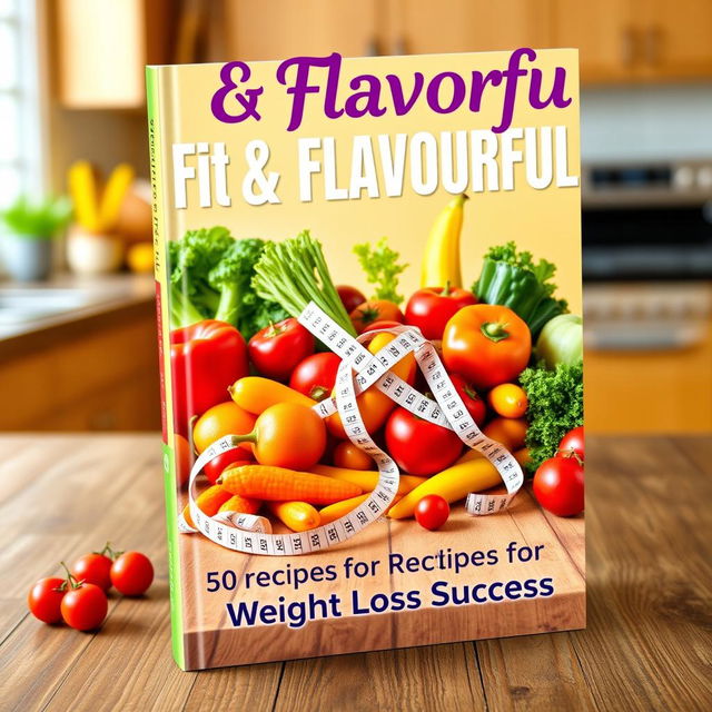 A vibrant and eye-catching book cover for "Fit & Flavorful: 50 Recipes for Weight Loss Success"