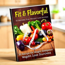 A vibrant and eye-catching book cover for "Fit & Flavorful: 50 Recipes for Weight Loss Success"