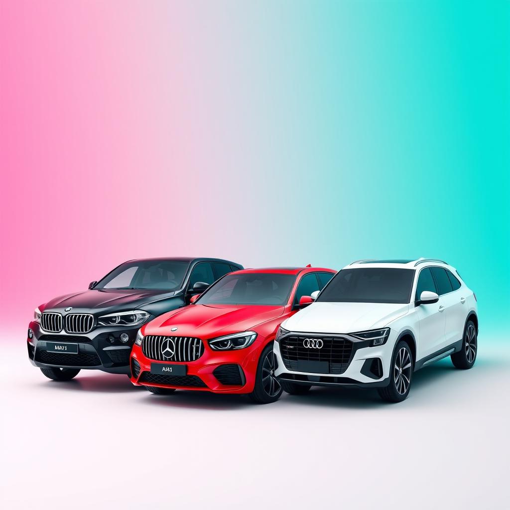 A sleek black BMW X6, a striking red Mercedes Clase A A45, and a pristine white Audi Q8 positioned gracefully against a smooth background inspired by the colors of the TikTok logo