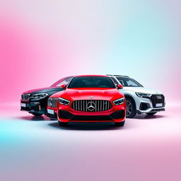 A sleek black BMW X6, a striking red Mercedes Clase A A45, and a pristine white Audi Q8 positioned gracefully against a smooth background inspired by the colors of the TikTok logo