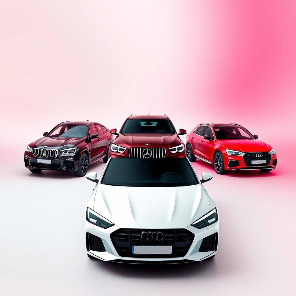 A sleek black BMW X6, a striking red Mercedes Clase A A45, and a pristine white Audi Q8 positioned gracefully against a smooth background inspired by the colors of the TikTok logo