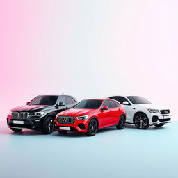 A sleek black BMW X6, a striking red Mercedes Clase A A45, and a pristine white Audi Q8 positioned gracefully against a smooth background inspired by the colors of the TikTok logo