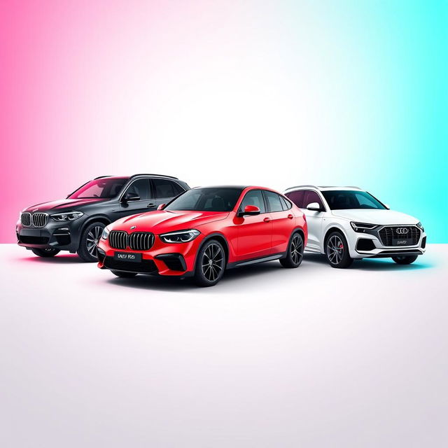 A sleek black BMW X6, a vibrant red Mercedes Clase A A45, and a pristine white Audi Q8 positioned stylishly against a smooth background inspired by the colors of the TikTok logo