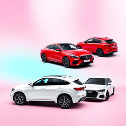 A sleek black BMW X6, a vibrant red Mercedes Clase A A45, and a pristine white Audi Q8 positioned stylishly against a smooth background inspired by the colors of the TikTok logo