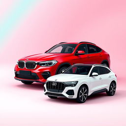 A sleek black BMW X6, a vibrant red Mercedes Clase A A45, and a pristine white Audi Q8 positioned stylishly against a smooth background inspired by the colors of the TikTok logo