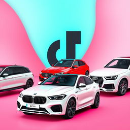 A sleek black BMW X6, a vibrant red Mercedes Clase A A45, and a pristine white Audi Q8 positioned stylishly against a smooth background inspired by the colors of the TikTok logo