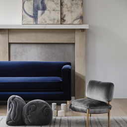 A cozy living room furnished with a navy blue velvet sofa, a grey velvet chair, nestled by a warm, inviting chimney.