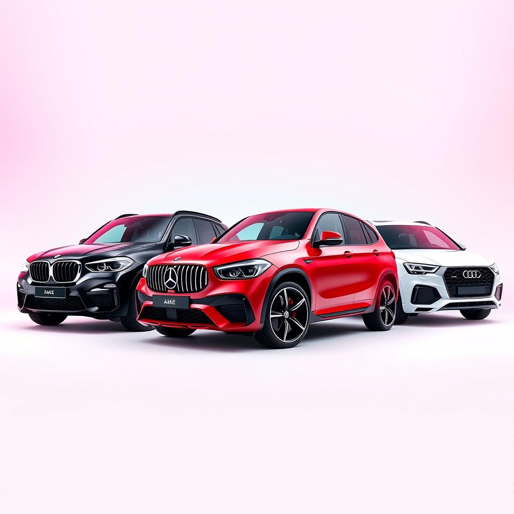 A sleek black BMW X6, a striking red Mercedes AMG Clase A45, and a pristine white Audi Q8 arranged stylishly against a smooth background inspired by the colors of the TikTok logo