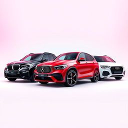 A sleek black BMW X6, a striking red Mercedes AMG Clase A45, and a pristine white Audi Q8 arranged stylishly against a smooth background inspired by the colors of the TikTok logo