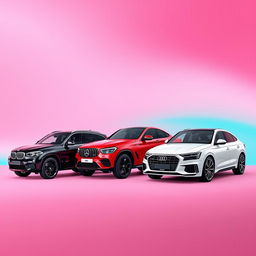 A sleek black BMW X6, a striking red Mercedes AMG Clase A45, and a pristine white Audi Q8 arranged stylishly against a smooth background inspired by the colors of the TikTok logo