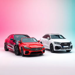 A sleek black BMW X6, a striking red Mercedes AMG Clase A45, and a pristine white Audi Q8 arranged stylishly against a smooth background inspired by the colors of the TikTok logo