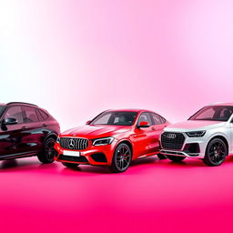 A sleek black BMW X6, a striking red Mercedes AMG Clase A45, and a pristine white Audi Q8 arranged stylishly against a smooth background inspired by the colors of the TikTok logo