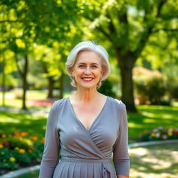 A confident woman over 60 stands in a sunlit park, wearing a chic, flowing dress that flatters her figure