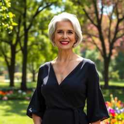 A confident woman over 60 stands in a sunlit park, wearing a chic, flowing dress that flatters her figure