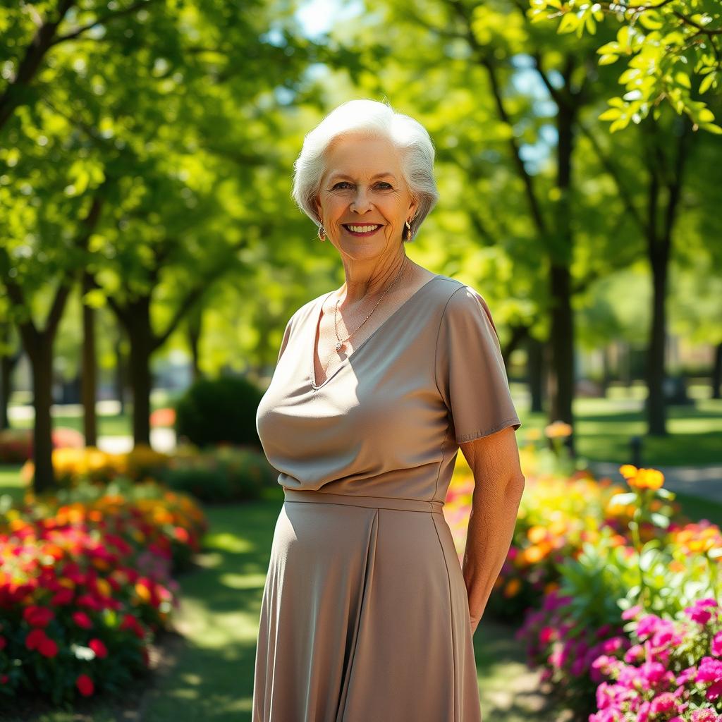 A confident woman over 60 stands in a sunlit park, wearing a chic, flowing dress that flatters her figure