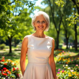 A confident woman over 60 stands in a sunlit park, wearing a chic, flowing dress that flatters her figure