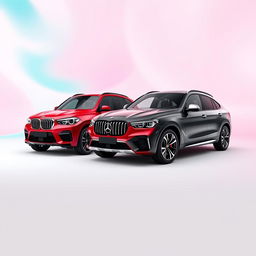 A sleek black BMW X6, a vibrant red Mercedes AMG Clase A45, and a pristine white Audi Q8 displayed prominently against a background inspired by the colors of the TikTok logo