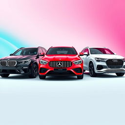 A sleek black BMW X6, a vibrant red Mercedes AMG Clase A45, and a pristine white Audi Q8 displayed prominently against a background inspired by the colors of the TikTok logo