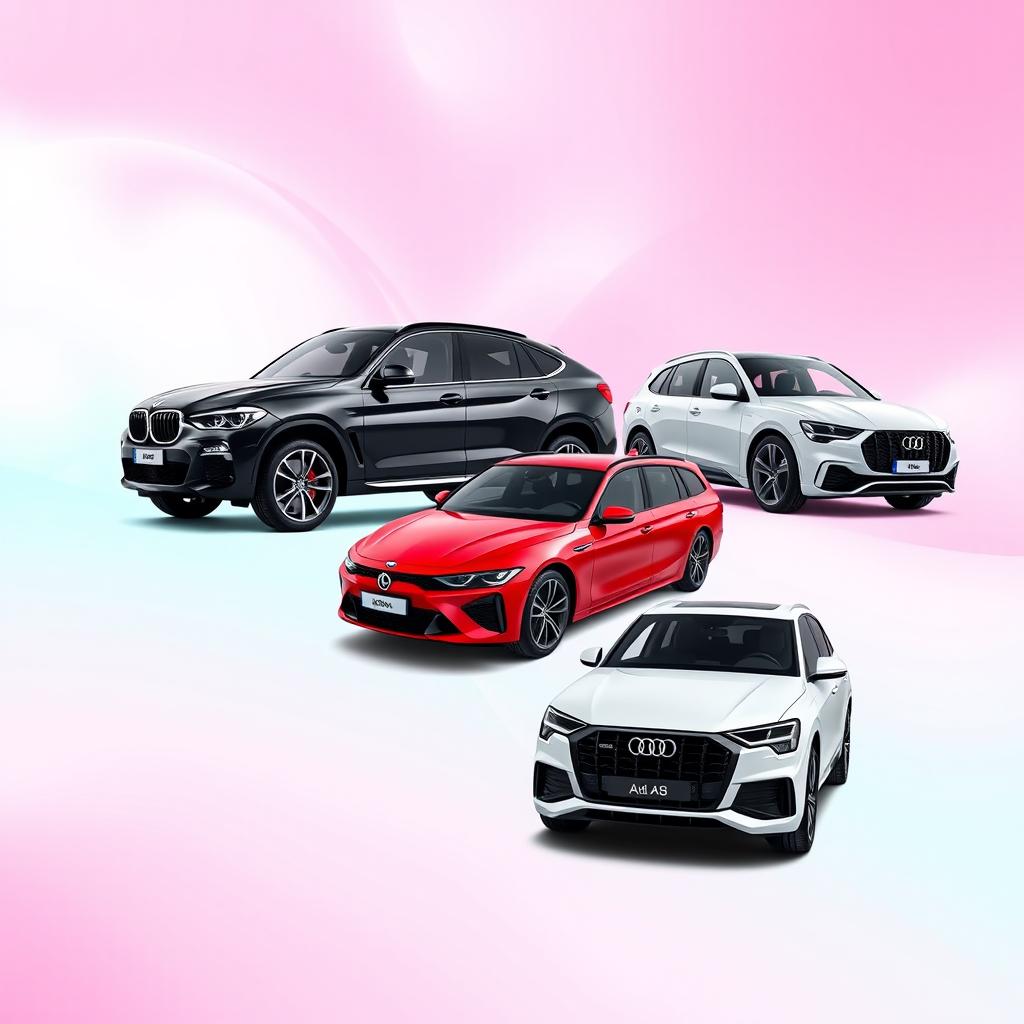 A sleek black BMW X6, a vibrant red Mercedes AMG Clase A45, and a pristine white Audi Q8 displayed prominently against a background inspired by the colors of the TikTok logo