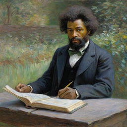 In Claude Monet's impressionistic style, depict a 20-year-old Frederick Douglass immersed in intellectual exploration, reading a book or writing. His youthful earnestness is illuminated by the vibrant brush strokes of his surroundings, the scene charged with the energy of learning.