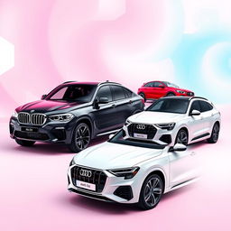 A sleek black BMW X6, a vibrant red Mercedes AMG Clase A45, and a pristine white Audi Q8 displayed prominently against a background inspired by the colors of the TikTok logo