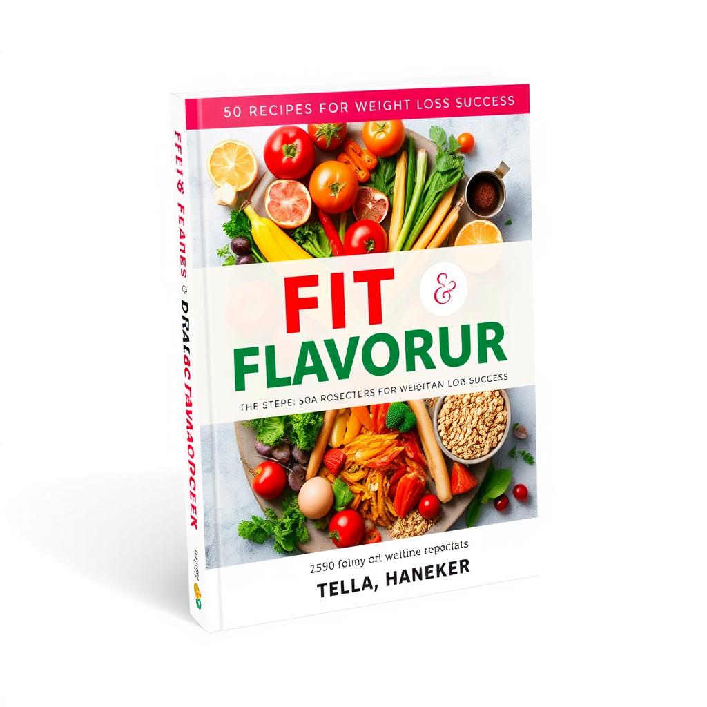 A stylish and appealing book cover design for a recipe book titled 'Fit & Flavorful: 50 Recipes for Weight Loss Success'