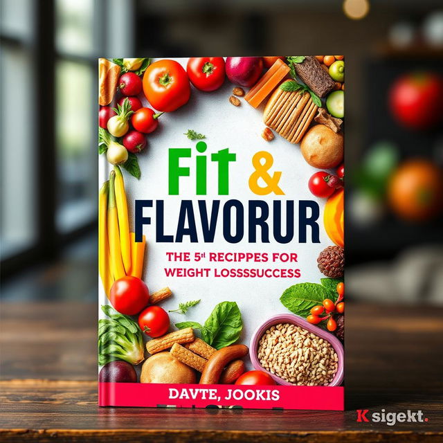 A stylish and appealing book cover design for a recipe book titled 'Fit & Flavorful: 50 Recipes for Weight Loss Success'