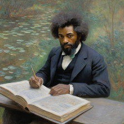 In Claude Monet's impressionistic style, depict a 20-year-old Frederick Douglass immersed in intellectual exploration, reading a book or writing. His youthful earnestness is illuminated by the vibrant brush strokes of his surroundings, the scene charged with the energy of learning.