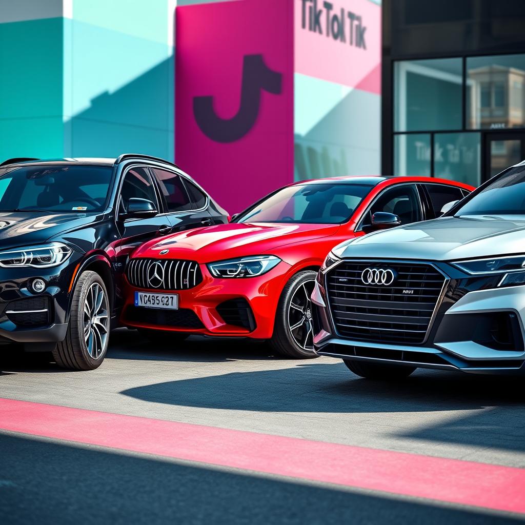 A sleek black BMW X6, a striking red Mercedes AMG A45, and a pristine white Audi Q8, all parked together in a dynamic, urban setting