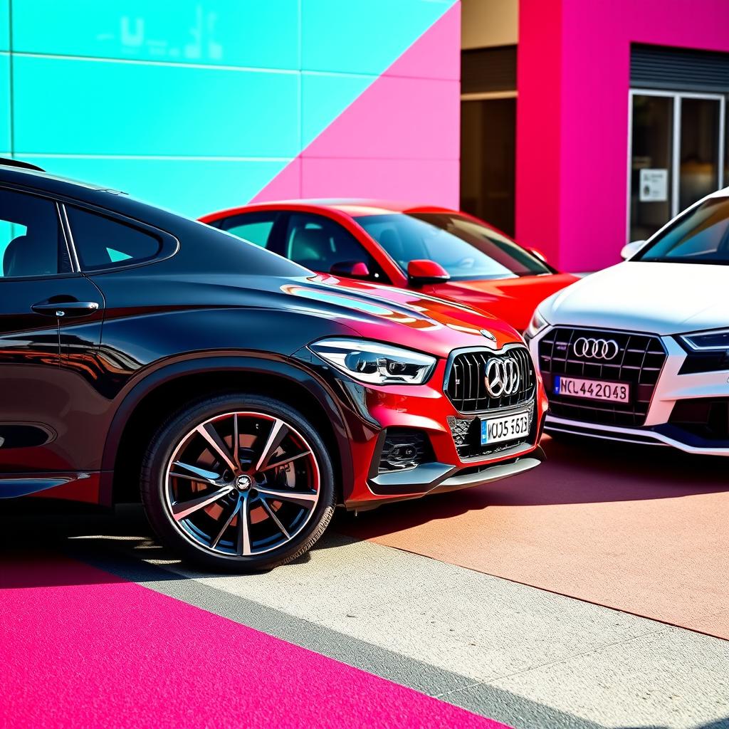 A sleek black BMW X6, a striking red Mercedes AMG A45, and a pristine white Audi Q8, all parked together in a dynamic, urban setting