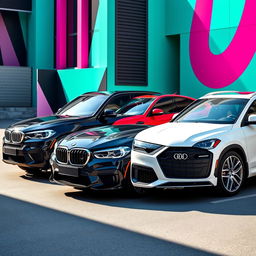 A sleek black BMW X6, a striking red Mercedes AMG A45, and a pristine white Audi Q8, all parked together in a dynamic, urban setting