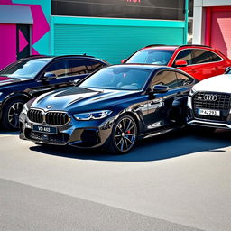 A sleek black BMW X6, a striking red Mercedes AMG A45, and a pristine white Audi Q8, all parked together in a dynamic, urban setting