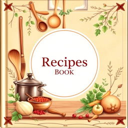 A beautifully designed book cover for a recipes book, featuring an elegant kitchen background with warm, inviting colors