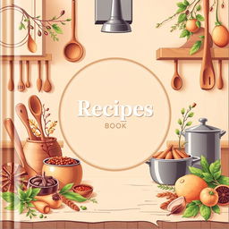 A beautifully designed book cover for a recipes book, featuring an elegant kitchen background with warm, inviting colors