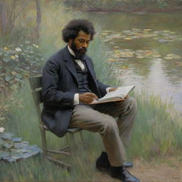 In Claude Monet's impressionistic style, depict a 20-year-old Frederick Douglass immersed in intellectual exploration, reading a book or writing. His youthful earnestness is illuminated by the vibrant brush strokes of his surroundings, the scene charged with the energy of learning.