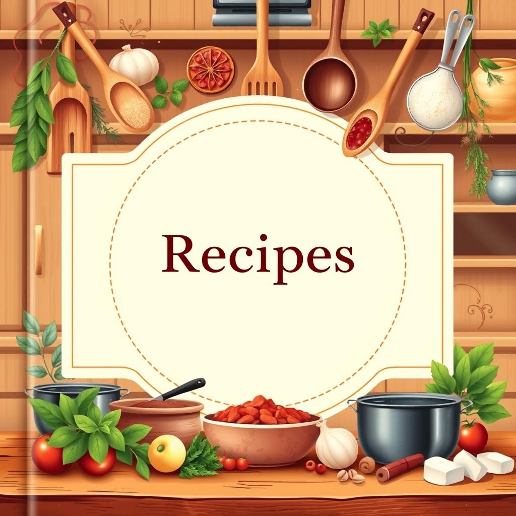 A beautifully designed book cover for a recipes book, featuring an elegant kitchen background with warm, inviting colors