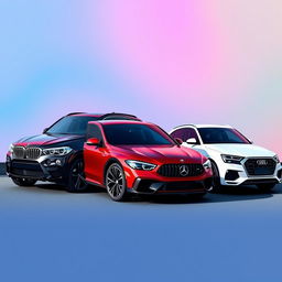 A sleek black BMW X6 parked elegantly alongside a vibrant red Mercedes AMG Clase A45 and a pristine white Audi Q8