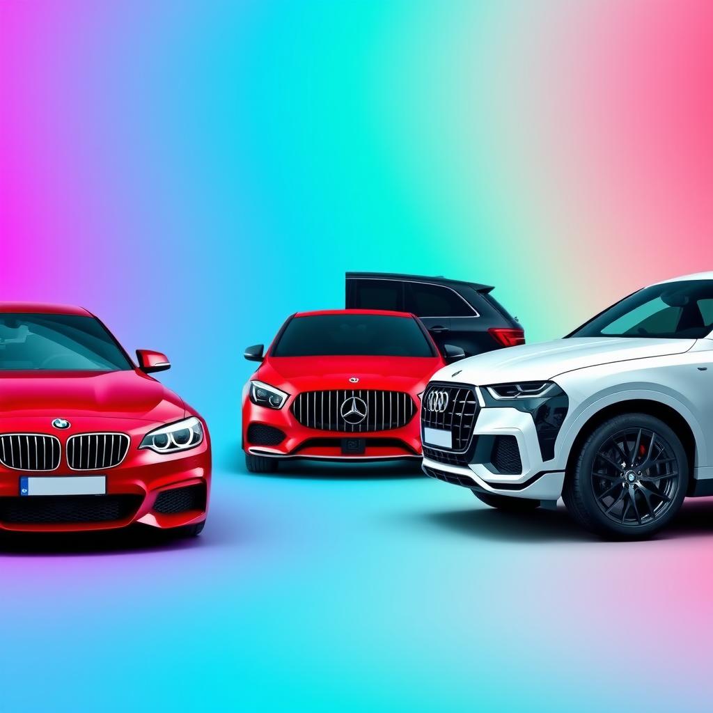 A sleek black BMW X6 parked elegantly alongside a vibrant red Mercedes AMG Clase A45 and a pristine white Audi Q8