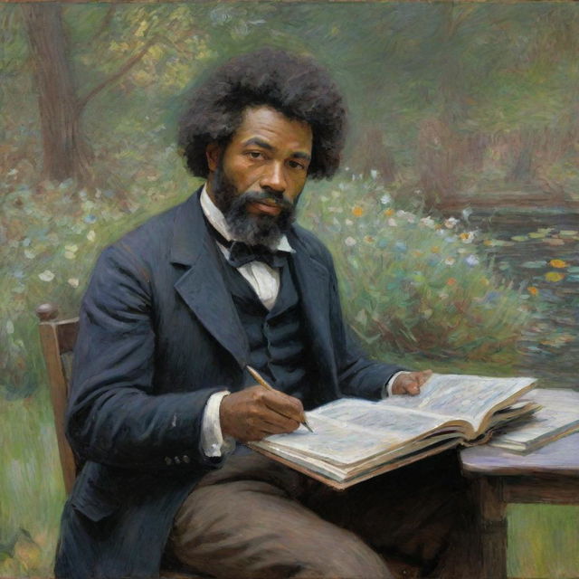 In Claude Monet's impressionistic style, depict a 20-year-old Frederick Douglass immersed in intellectual exploration, reading a book or writing. His youthful earnestness is illuminated by the vibrant brush strokes of his surroundings, the scene charged with the energy of learning.