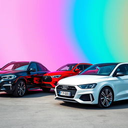 A sleek black BMW X6 parked next to a vibrant red Mercedes AMG Clase A45 and a spotless white Audi Q8